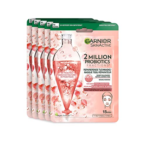 Garnier Reparierende Tuchmaske, Gesichtsmaske gegen trockene, fahle und matte Haut, Für mehr Glow und mehr Feuchtigkeit, SkinActive 2 Million Probiotics, 5-er Pack