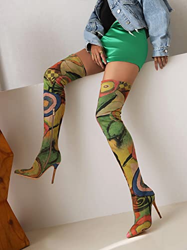 vivianly Women's Sexy Printed Stretchy Thigh High Boots Pointy Toe Stiletto Heel Booties Over The Knee High Heel Boot3