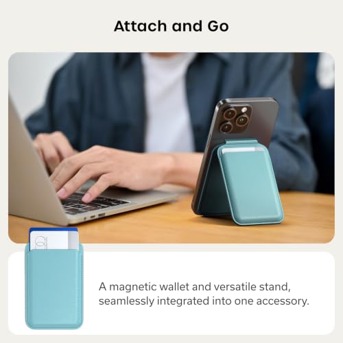 Image of Satechi Magnetic Magsafe Wallet, Double Flap Stand Card Holder, 4 Slots with Front NFC Pass-Through, Adjustable Phone Attachment for iPhone 17 /16 /15 /14 /13 /12, Travel Accessory, Light Blue, 4.13 x 2.6