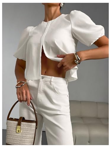 SweatyRocks Women's Summer Puff Short Sleeve Crew Neck Boxy Trendy Blouses Shirt Top4