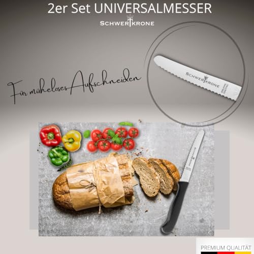 Foto von Schwertkrone® Frühstücksmesser [ROSTFREIER EDELSTAHL] - Brötchenmesser Messer - Brotzeitmesser Jausenmesser Tafelmesser - Schneidemesser Wellenschliffmesser - Vespermesser Sägemesser (2er Set)