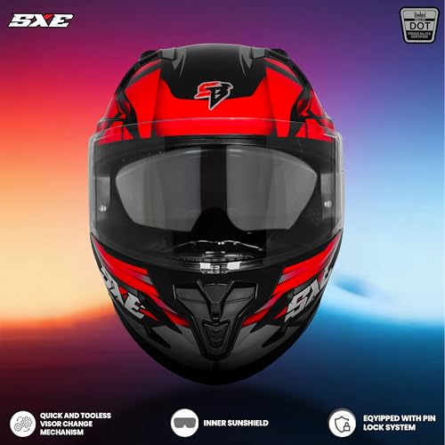 Image of Steelbird SBH-61 SXE X4 TPE ISI and Dot Certified Full Face Graphic Helmet for Men and Women with Inner Silver Sunshield (580 Medium MM, Glossy Black Red)