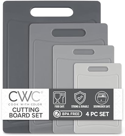 COOK WITH COLOR Non-Slip Cutting Board Set – Kitchen Essentials with Easy Grip Handle for Meat, Veggies, and Fruits, 4 Cutting Boards, Gray-New