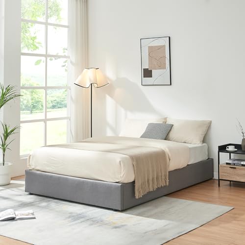 [en.casa] Cama Matrimonio NOLA Canapé Abatible con Somier Espacio de Almacenamiento Cama Tapizado Textil Tipo Lino MDF Contrachapado 206 x 141 x 28 cm - Gris