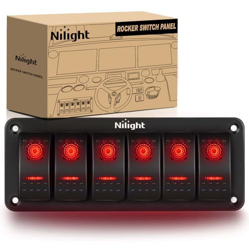 Image of Nilight 6 Gang Rocker Switch Panel SPST On Off Toggle with DIY Label Sticker | 5PIN Electrical 12V /20A 24V /10A Aluminum Plate with Pre-Wired Jumper Wires for LED Light Bar RV Boats 4X4 Cars Red