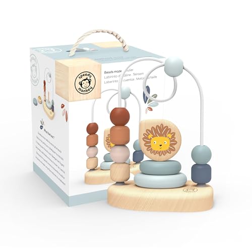 Image of Speedy Monkey Lion Bead Maze, Colorful Wire Frame Toy with 7 Soft Beads, Promotes Dexterity, Hand-Eye Coordination & Color Recognition, Non-Toxic Paint, Ideal for Kids 1-3 Years | 7 sliding beads, wire frame, lion theme, wooden bead maze, montessori toys, preschool toys, dexterity color recognition