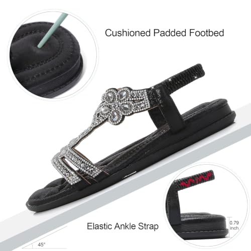 Image of iCKER Womens Rhinestone Strappy Flat Sandals Elastic Ankle Strap Open‑Toe | Sparkling,for wedding,party,evening dates,special occasion,Vacation,Formal