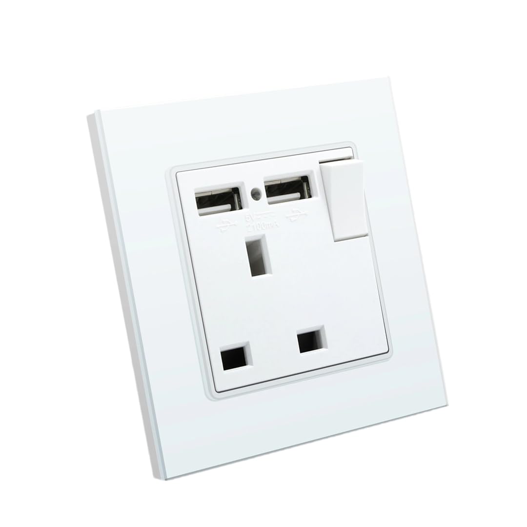 Prise Murale Standard Britannique 13 A Avec Panneau En Verre, Deux Prises USB 2,1 A Et Bouton Marche/Arrêt Pour Usage Résidentiel