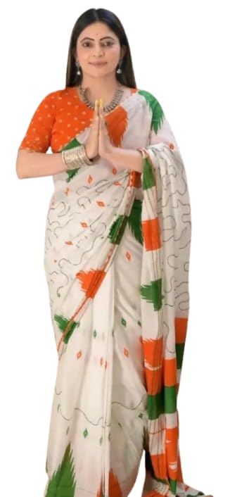 Tricolour Saree with Blouse, White Orange Green, Cotton Blend, Printed Design, Traditional Indian Wear-image-13