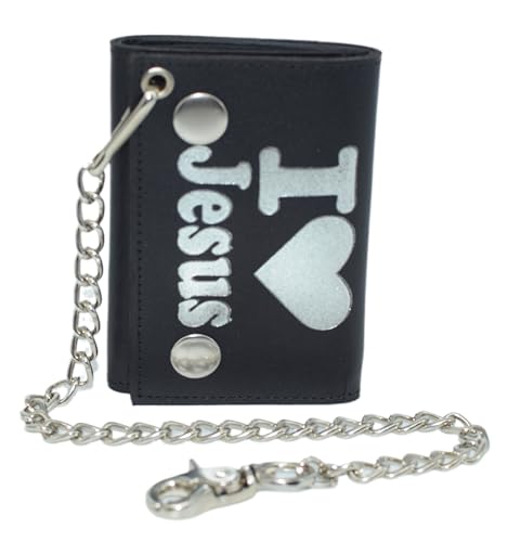 MARSHAL I Love Jesus RFID Protected Trifold Biker Men's Genuine Leather Steel Chain Wallet Snap closure (I Love Jesus)3