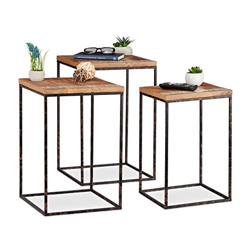 Relaxdays 10024711 basse lot d’appoint carrées, Table chevet 3 tailles, Métal et bois de manguier, marron/noir, fer, 3