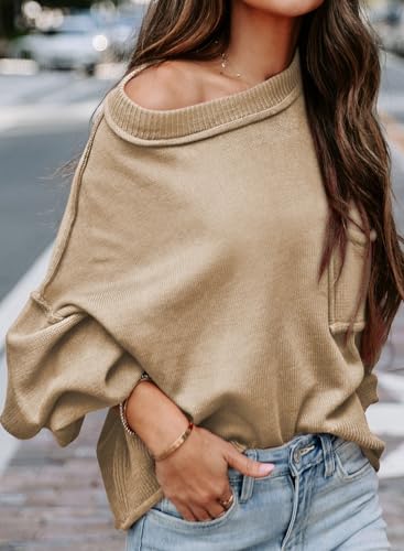Image of Dokotoo Women's Sweater Tops 2026 Ribbed Knitwear Lantern Pullover Sweater | Fall Winter Outfits,Bell Sleeve,Crewneck,Lightweight Knit Pullover,Soft Comfy Tops,Teacher Vacation