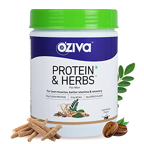 OZiva Protein & Herbs, Men with Multivitamins,Ashwagandha,Brahmi,Maca, Musli for Improved Stamina, Lean Muscles & Recovery 1.1 lbs, Cafe Mocha. Soy Free, Gluten Free, Non GMO