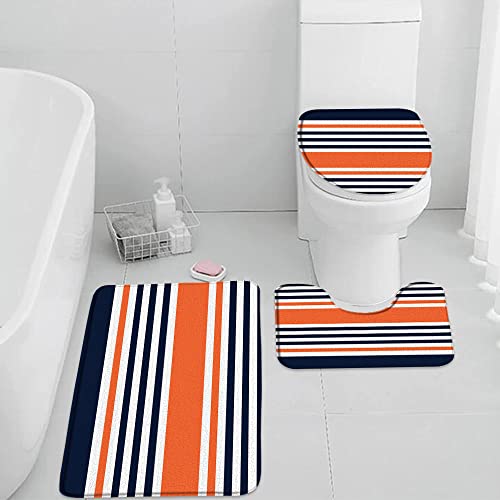 3 Pieces Set Navy Blue Orange Bathroom Rugs Abstract Geometric Stripe Modern Simple Contemporary Fashion Mid Century Absorbent Soft Toilet Lid Cover Pedestal Rug U-Shaped Non-Slip Carpet