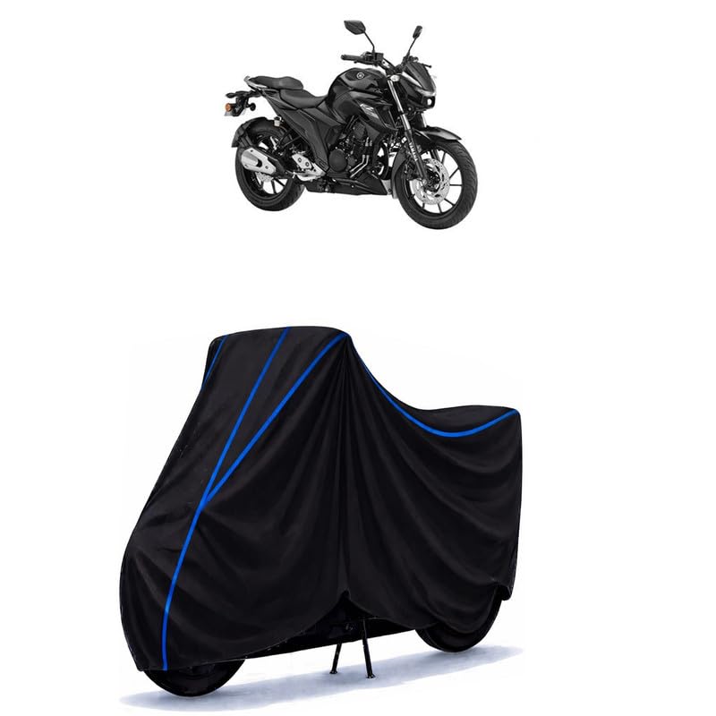 Image of FZ 250 Bike Cover Water Resistant Universal Motorcycle Rain | Heavy Duty UV Protection, Dust, Scratch Indoor Outdoor All Weather with Black Blue Piping Elastic