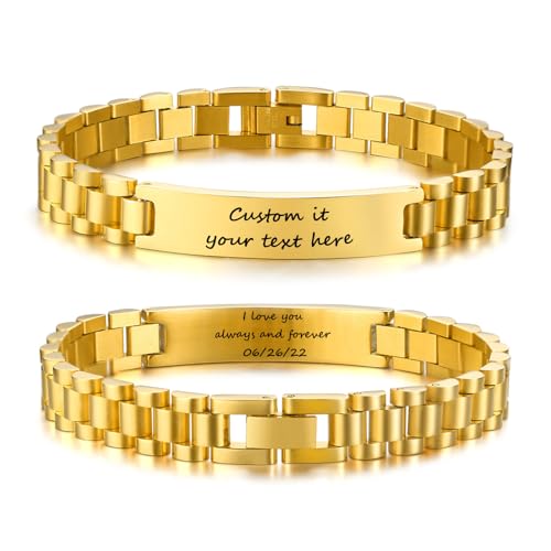 Personalized Engraved Bracelet for Men - Free Engraving Customized Bracelets,Hypoallergenic Stainless Steel Watch Band Link Chain Wristband,Trendy Adjustable Customizable Bracelet Jewelry for Women