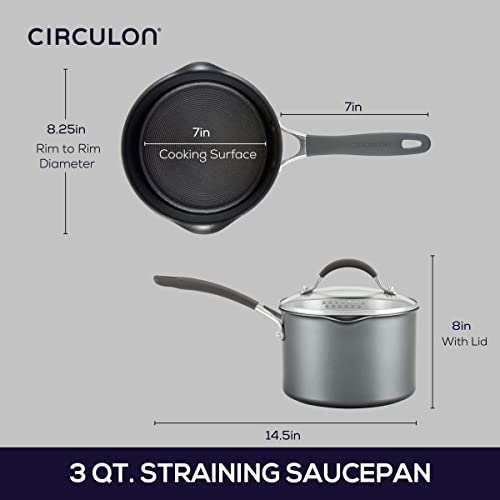 Image of Circulon A1 Series Nonstick Straining Sauce Pan with Lid, 3-Quart, Graphite | Nonstick cookware with ScratchDefense technology, induction ready pot with straining lid, easy release, oven safe to 400AF