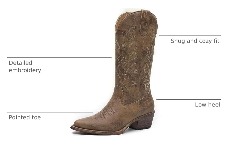 Image of GLOBALWIN Women's Mid Calf Western Cowboy Boots Cowgirl Boots for Women with Floral Embroidery Side Zipper Chunky Heel