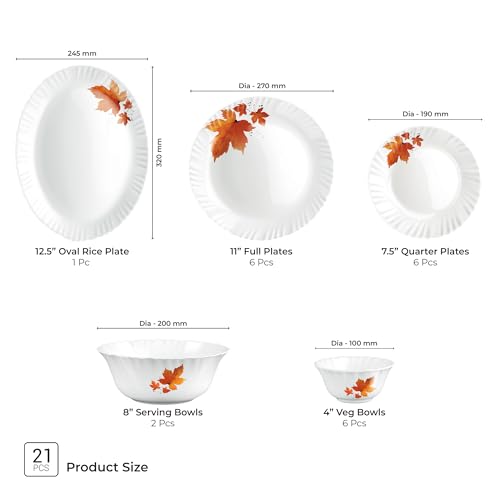 Image of Treo by Milton Opalware Aurelia Mapelle Dinner Set of 21 | Serving for 6 | Microwave & Dishwasher Safe | Bone-Ash Free | Tempered Toughness | Plates & Bowls | Crockery Set for Dining & Gifting