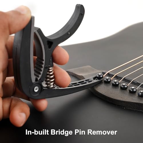 Image of Kadence CAP-HG3 Jamming Series Guitar Capo | Trigger Style with Bridge Pin Remover & Integrated Pick Holder | 3 Hostile-Grip Picks | Nylon Grade 6 | For Acoustic, Electric & Classical Guitar | Black