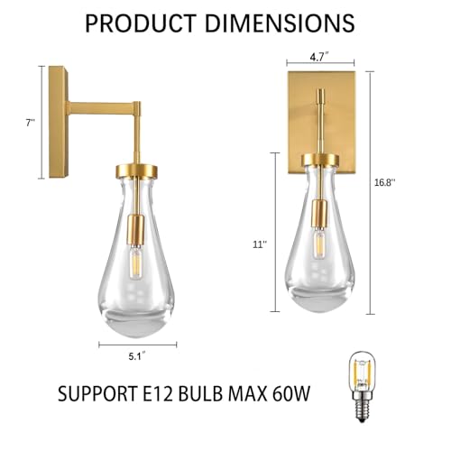 Wemily GOLD WALL SCONCES Light,Raindrop Wall Lights,Modern Clear Glass Vanity Light Fixtures Raindrop Wall Sconce thumb #3