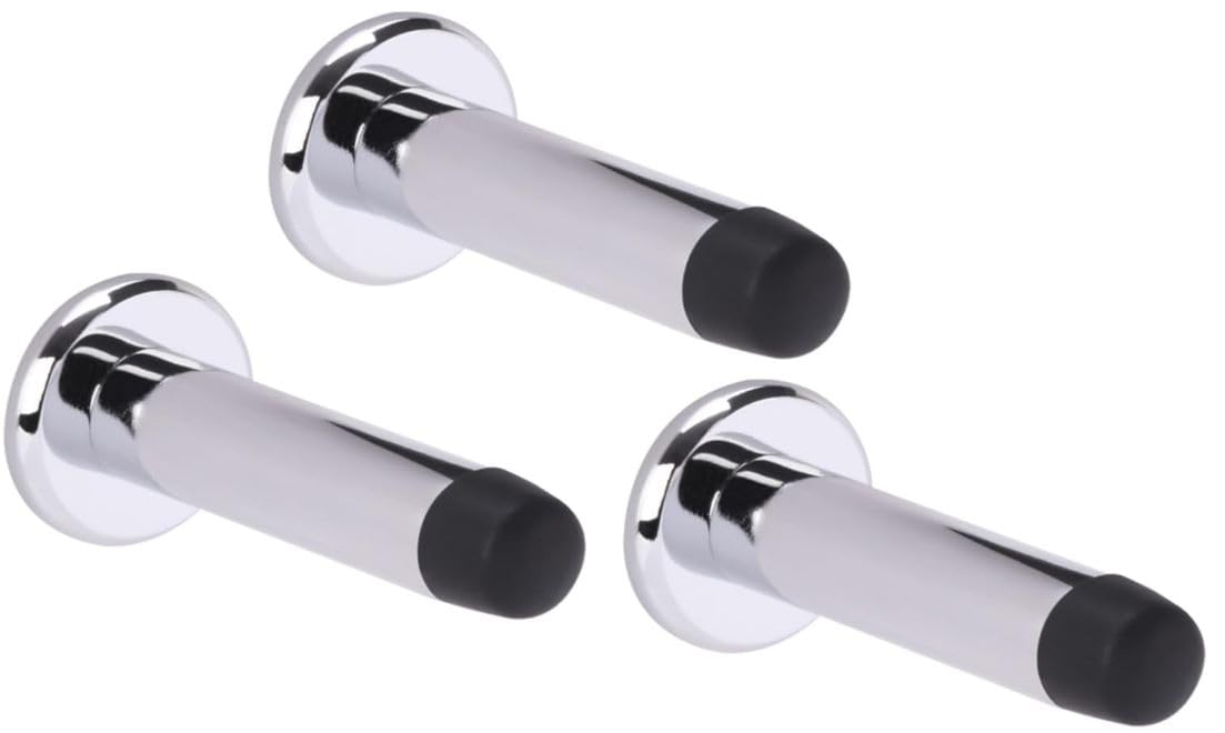 Direct Door Handles. Polished Chrome Direct Door Handles® (Pack Of 3No.) 75Mm Projection Skirting Or Wall Mounted Door Stop Concealed Fix With Rubber Buffer In With Fixing Screws