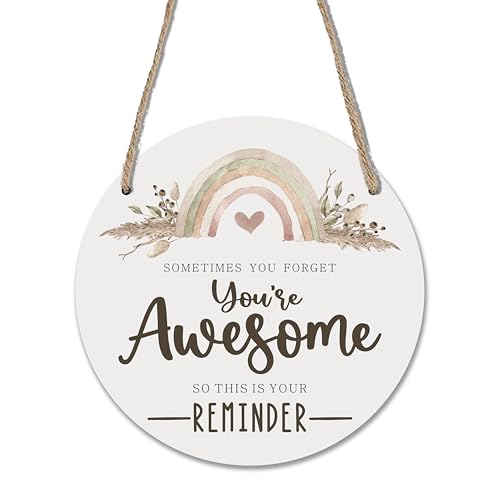 Boho Wooden Sign for Front Door - You're awesome - Inspirational House Welcome Sign, Positive Round Wood Hanging Sign for House Home Decor, Housewarming Gifts 10 Inches- B06