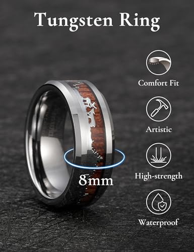 Image of King Will Nature Koa Wood Inlay Tungsten Carbide Wedding Ring 8mm Silver /Black /Gold /Green /Rose Gold /Blue Wedding Band for Men High Polished Anniversary Rings Comfort Fit Size 6-15