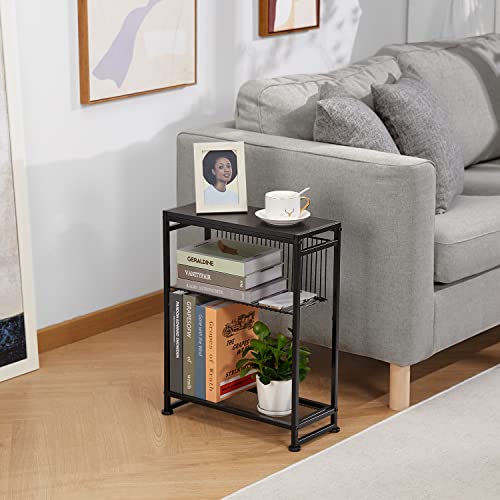 2-in-1 Design Narrow End Table with Magazine Holder and Industrial Round Side Table for Small Spaces