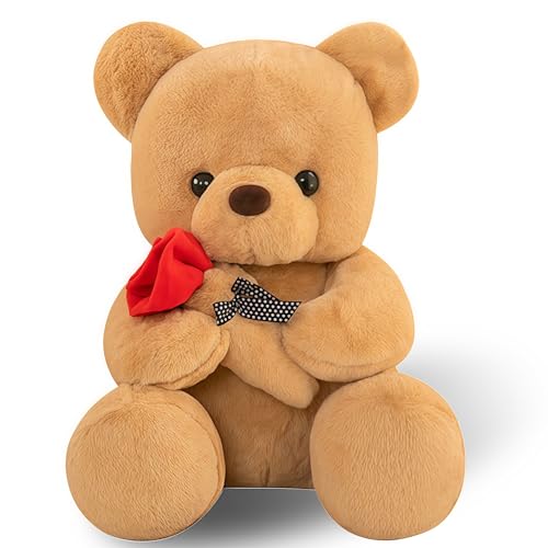 EduPlayte Teddybär, Plüsch-Bär, Teddy mit Rose, 25 cm Teddybären Rose Dekozimmer Kissen, Stofftier Spielzeug Dekozimmer Kissen für Weihnachten, Valentinstag, Geburtstag Heimdekoration