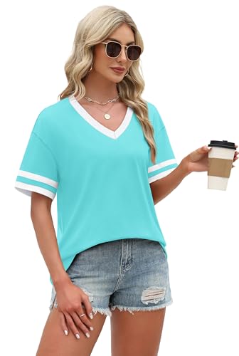 Image of WIHOLL Womens T Shirts Loose Fit Short Sleeve Tees V Neck Color Block Summer Tops 2026 Fashion S-4XL