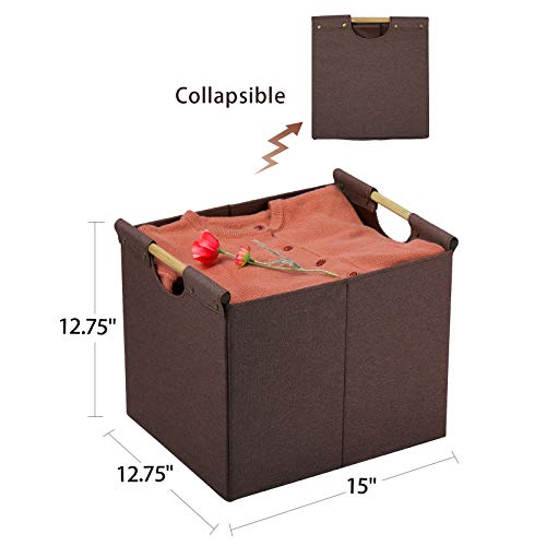 Hoonex Large Collapsible Storage Bins, Linen Fabric, 2 Pack, Storage Baskets With Wooden Carry Handles And Sturdy Heavy Cardboard, For Home, Office, Car, Nursery, Brown #TOP2