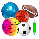 POTWPOT Sports Ball Toys, 5pcs Inflatable Sport Balls Set with Pump, Includes Football, Basketball, Volleyball, Rugby, Acanthosphere, Outdoor Games for Kids Beach Balls Toys