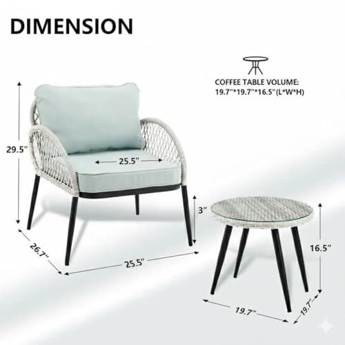 Image of LOCCUS Outdoor Patio 3-Piece Wicker Chair Table Set with Double Waving HDPE Rattan All Weather Resistant Furniture with Glass Top Table & Comfy Seat (Sliver Grey & Sky-Blue)