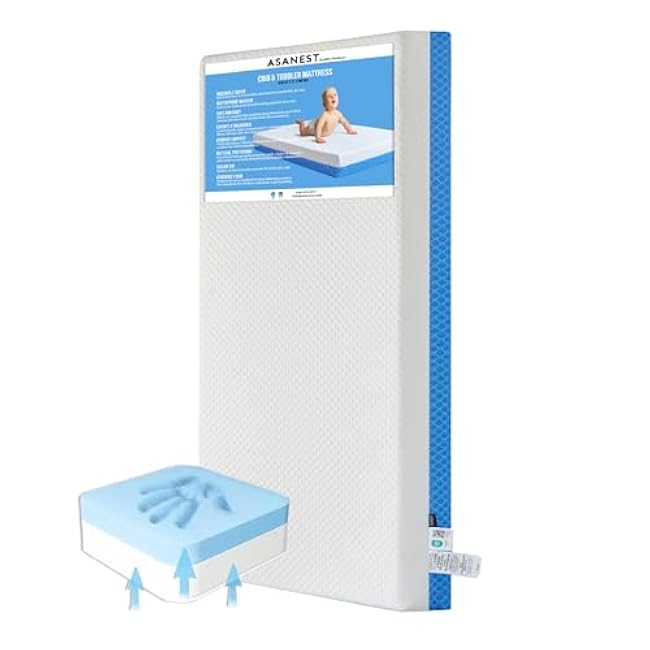 Dual Sided Comfort Gel Memory Foam,Breathable Baby Bed Mattress for Crib,Memory Foam Crib Mattress,Premium for Infant and Toddler w/Removable Outer Cover - White&Blue,Standard Size