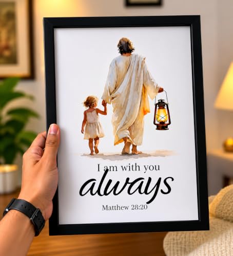 Image of Jesus With Child Wall Art Frame I Am With You Always Matthew 28 20 Christian Wall Decor Bible Verse Photo Frame Religious Gift Home Decor (12X8 Inch A4)