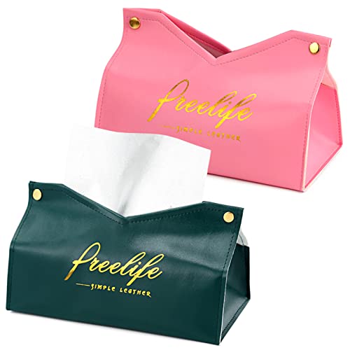 TUBOLIAN 2 STÜCKE Taschentuchbox aus Leder, Papierbox mit V-förmiger Öffnung, geeignet für Schlafzimmer, Wohnzimmer, Büro, Auto (dunkelgrün + rosa) Cover