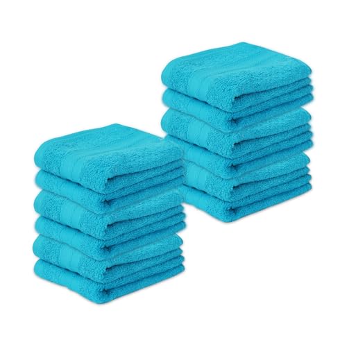 Image of Layers 100% Cotton Face Towels | 450 GSM Soft & Highly Absorbent | Aqua Plush Collection | Pack of 12 Super Soft Towels for Men & Women | 30 x 30 cm - Blue