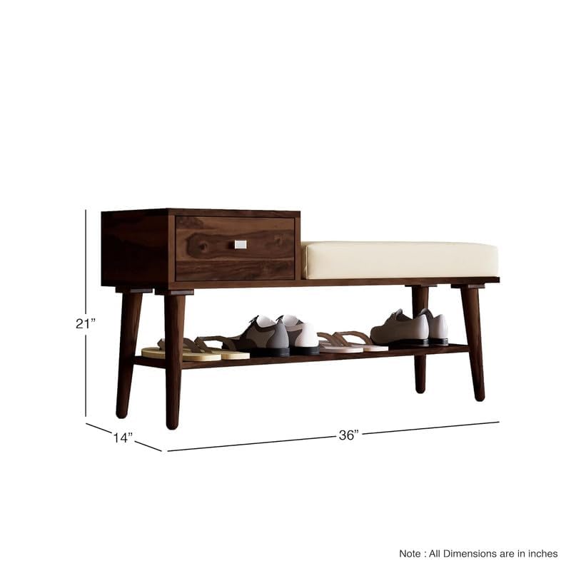Image of VK Furniture Solid Sheesham Wood Shoe Rack with 1 Drawer Storage | Wooden Large Size Shoe Cabinet with Cushion Seating for Home, Living Room, Hotel, Enteryway (Walnut Finish)