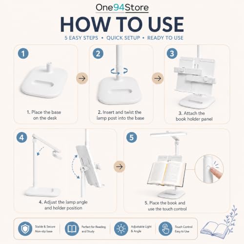 Image of One94Store Book Holder LED Table Lamp with 1800mAh Battery, Touch Control Brightness & Color Temperature Adjustment, Portable Study Lamp with 80cm USB Cable for Home, Office, Bedroom & Study Desk