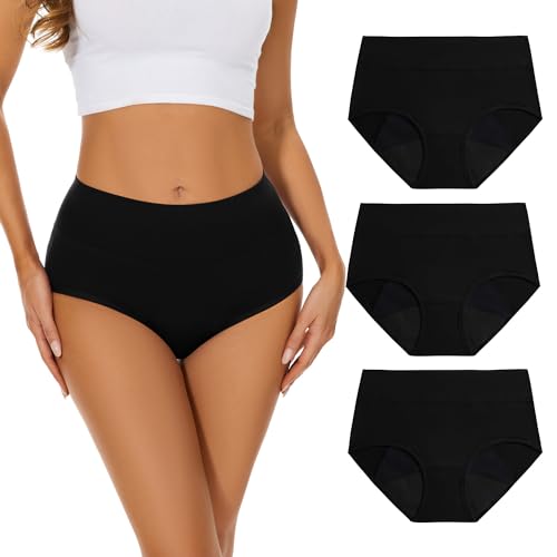 Molasus Washable Incontinence Pants for Women High Absorbency Period Underwear Ladies Menstrual Leakproof Cotton Knickers Postpartum Protective Briefs Black Plus Size Multipack