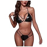 GOUWUCHE Kunstleder Bikini 2 Stück Damen Kunstleder Bikini Set Neckholder BH Top mit Micro Tanga Push Up Bademode (Black, XXL)