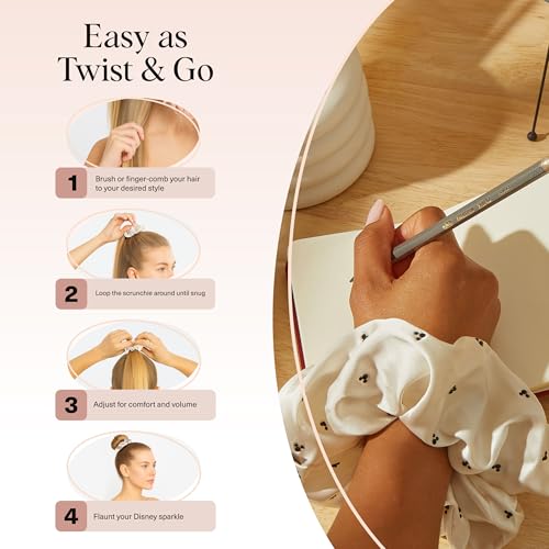 Kitsch & Mickey/Minnie Fabric Rhinestone Scrunchies for Girls and Women, Hair Scrunchies for All Hair Types, Perfect for Updo | Ideal Gifts for Women (Cream) - 1 Piece