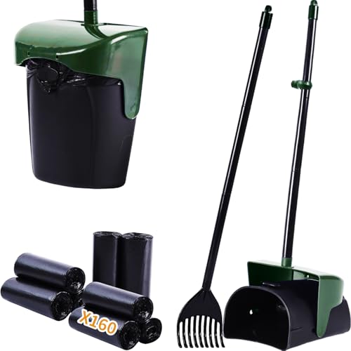 Image of ienjoyed Pooper Scooper Large Swivel Bin & Rake with 160 Waste Bags,Heavy Duty Dog Pooper Scooper with Bag Attachment for Dogs, Long Handle Poop Scooper with Lid for Yard, Grass, Gravel(Dark Green)