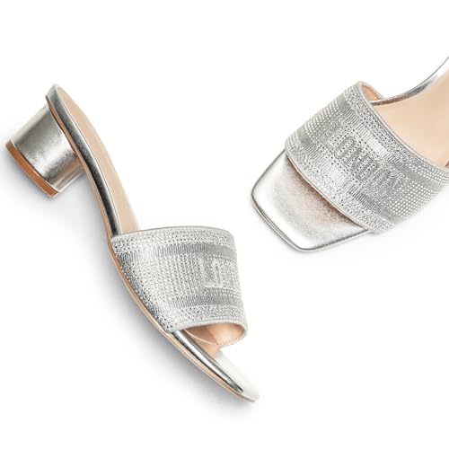 DREAM PAIRS Women's Square Open Toe Slip on Heels for women Low Block Chunky Heeled Sandals Slide Sandals Comfortable Casual Fashion Pumps Shoes,Size 8,Silver-Rhinestone,SDHS2450W