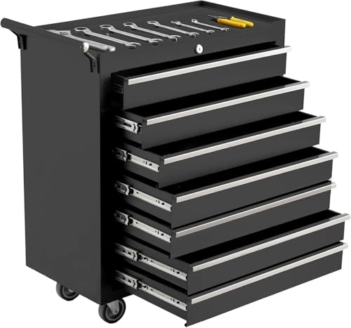 IDEALHOUSE Rolling Tool Chest, 6 Drawers Tool Storage Cabinet, Toolbox with Wheels, Portable Tool Cabinet Organizer with Locking System & Drawer Liners, Tool Storage Cart for Garage, Workshop, Black