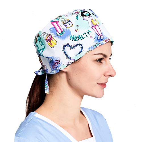 R&R Gorros de enfermería, 2PCS Blue Heart Adjustable Tie Doctor Nurse Cap Surgery Hat Unisex