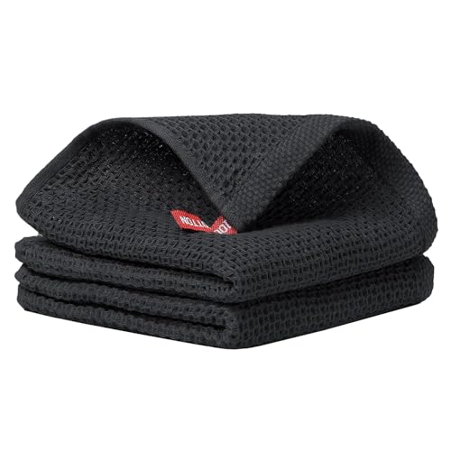 Image of Cotton Kitchen Dish Cloths, 2 Pack Super Absorbent and Lint Free Waffle Weave Dish Towels, Fast Drying Dish Rags for Washing Dishes, 13.4 X 13.4 Inch, (Black, Pack of 2)