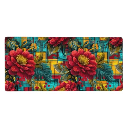 Tapis de bureau imprimé fleurs avec bords cousus anti-effilochage pour clavier et souris PC