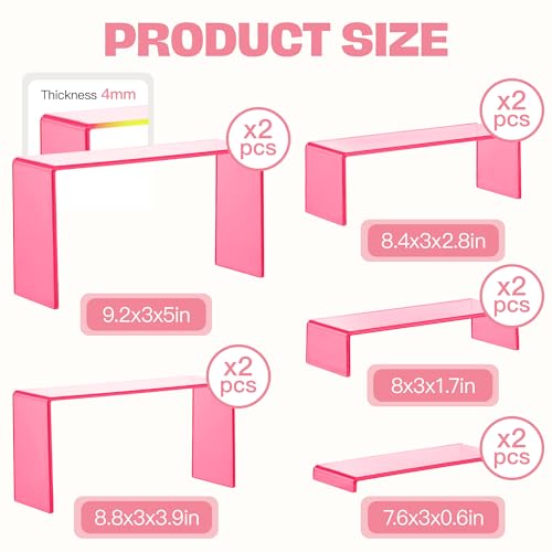 Goabroa Display Risers, 2 Sets 10 Pcs Perfume Stand Organizer, Rectangular Riser Shelves for Figures, Cupcake, perfume display, Wine Glass and Handbag display, Transparent Pink